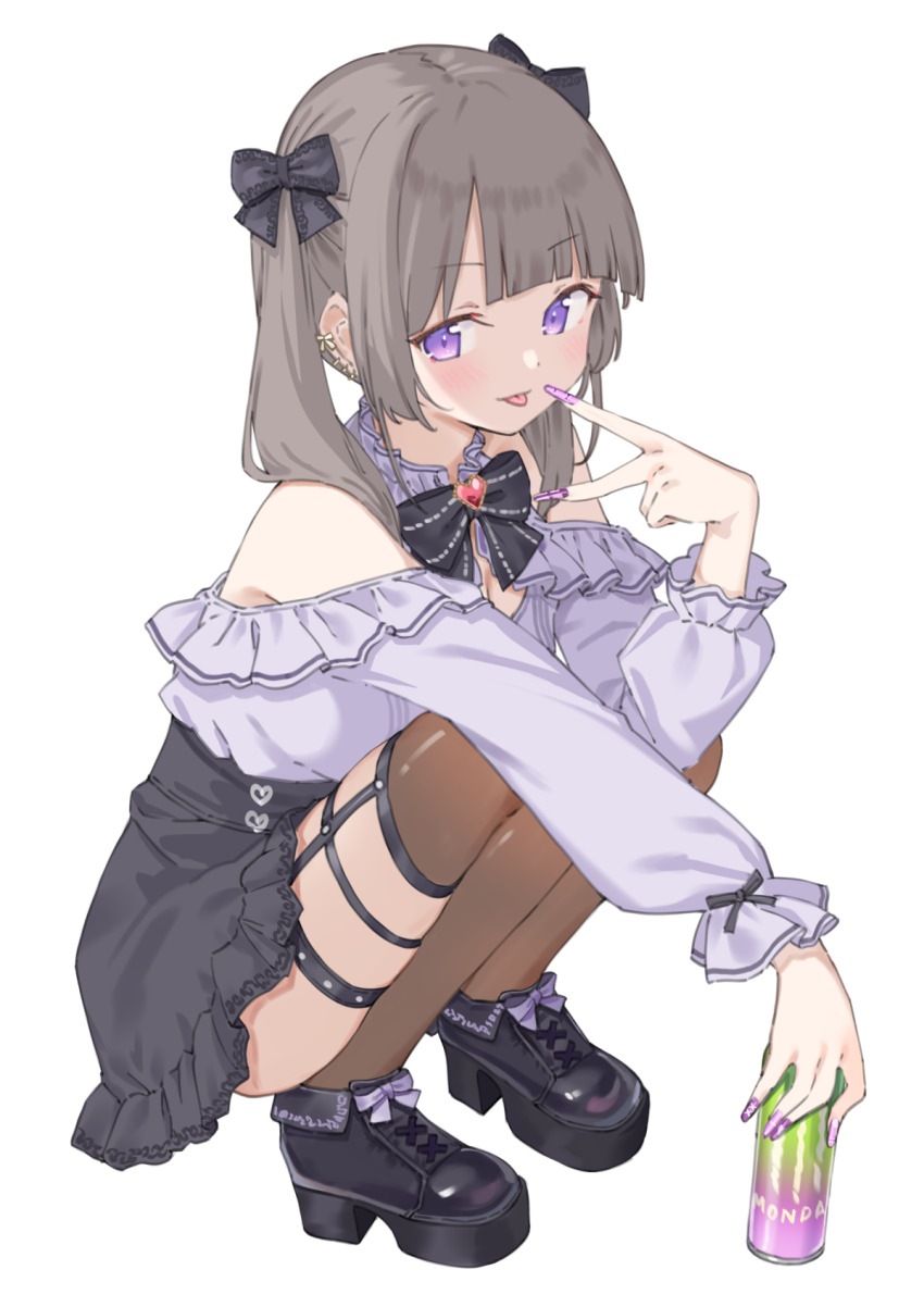 1girl bare_shoulders black_bow black_shoes black_skirt blunt_bangs blush boots bow bowtie breasts brooch brown_hair brown_thighhighs can drink_can energy_drink garter_straps grey_shirt hair_bow highres holding holding_can jewelry jirai_kei long_hair long_sleeves looking_at_viewer maigoyaki medium_breasts off-shoulder_shirt off_shoulder original platform_boots purple_eyes purple_shirt shirt shoes simple_background skindentation skirt smile soda_can solo squatting thigh_strap thighhighs tongue tongue_out twintails white_background