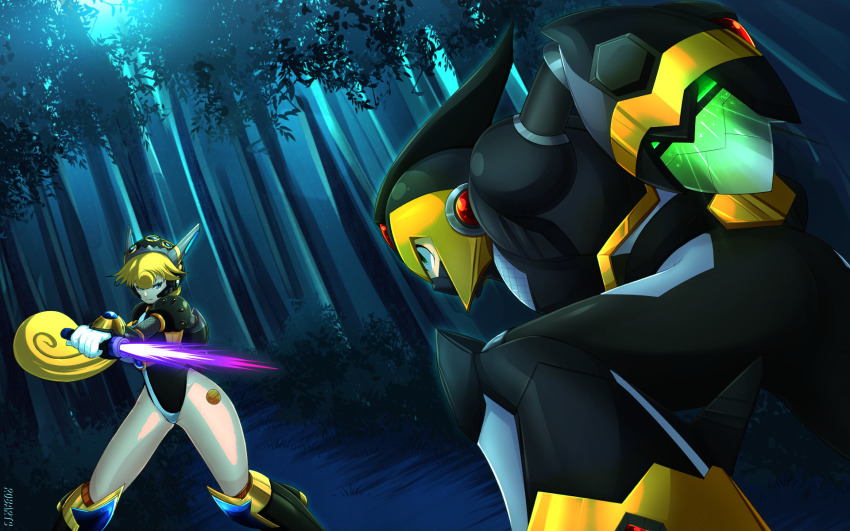 armor axasempai bamboo bamboo_forest energy_sword black_armor black_mask blonde_hair forest highres holding holding_weapon leotard marino_(mega_man) mask mega_man_(series) mega_man_x:_command_mission x_(mega_man) mega_man_x_(series) mega_man_x_dive mouth_mask nature night ninja ninja_mask robot weapon