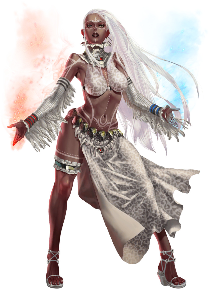 1girl animal_print artist_request bad_source bare_shoulders bra breasts cryokinesis crystal_maiden_(series) dark_skin earrings facial_tattoo fire full_body game_cg high_heel_sandals highres jewelry kohani_(crystal_maidens) leg_tattoo leopard_print leopard_print_bra long_hair official_art print_bra pyrokinesis sandals solo tattoo third-party_source transparent_background underwear variant_set white_hair yellow_eyes