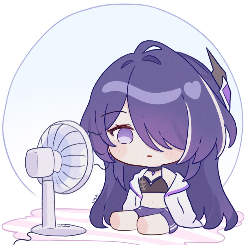1girl acheron_(honkai:_star_rail) alternate_costume chibi chibi_only closed_mouth commentary electric_fan english_commentary hair_over_one_eye highres honkai:_star_rail honkai_(series) jacket long_hair multicolored_hair open_clothes open_jacket orange_hair purple_eyes purple_hair purple_shorts samlatte shorts signature solo streaked_hair white_jacket