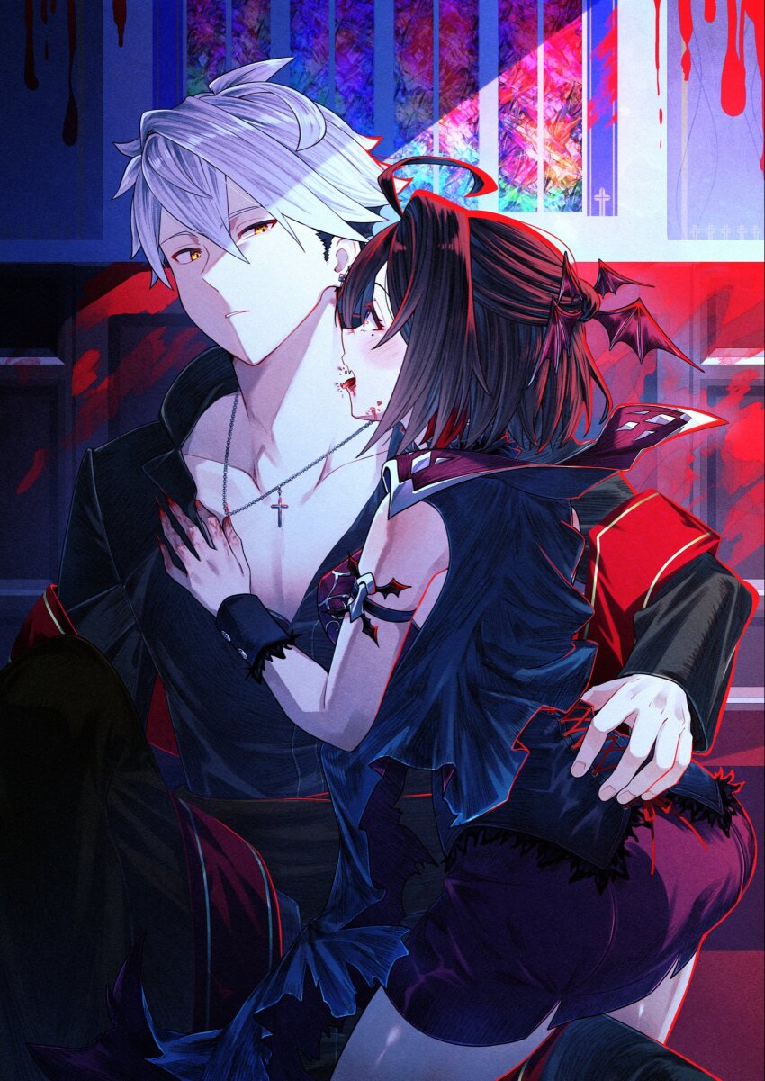 1boy 1girl ahoge ass atelier_(series) atelier_yumia blood blood_on_wall commentary_request couple cross cross_necklace hair_between_eyes halloween halloween_costume hetero highres indoors jewelry looking_at_another necklace pectoral_cleavage pectorals rgbjt rutger_arendt short_hair shorts sitting undercut white_hair yellow_eyes yumia_liessfeldt