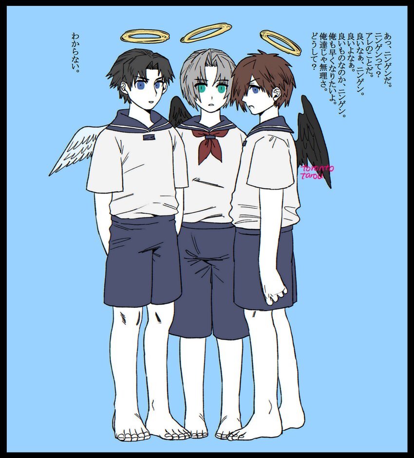 3boys aged_down angeal_hewley barefoot black_hair black_wings blue_background blue_eyes brown_hair final_fantasy final_fantasy_vii genesis_rhapsodos green_eyes grey_hair halo highres looking_at_viewer male_focus multiple_boys sephiroth shirt short_hair shorts single_wing standing torontotarou translation_request white_wings wings