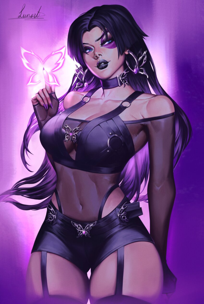 1girl absurdres bare_shoulders black_hair breasts garter_straps goth_fashion highres large_breasts long_hair looking_at_viewer lunart marvel marvel_rivals psylocke psylocke_(vengeance) purple_eyes shorts smile solo superhero_costume x-men