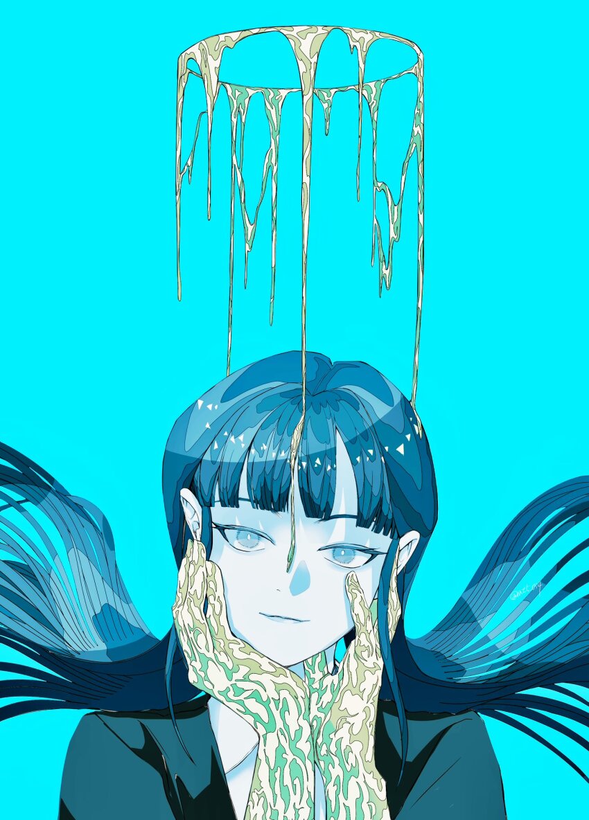 1other aqua_background blue_eyes blue_hair colored_skin floating_hair formal_clothes gem_uniform_(houseki_no_kuni) golden_arms halo hands_on_own_face highres houseki_no_kuni light_smile long_hair looking_at_viewer melting_halo mt5_014 other_focus phosphophyllite phosphophyllite_(ll) simple_background solo suit upper_body very_long_hair white_skin