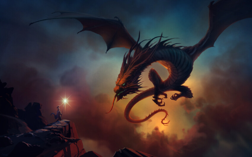 1boy absurdres armor blue_sky cape cliff cloud collarbone commentary dark_clouds diffraction_spikes dragon english_commentary fantasy floating_cape flying gradient_sky green_eyes helmet highres holding holding_staff holding_sword holding_weapon looking_at_another mountain no_humans orange_sky original outdoors philipp_urlich roman_armor scenery signature sky staff standing sword tongue tongue_out weapon western_dragon