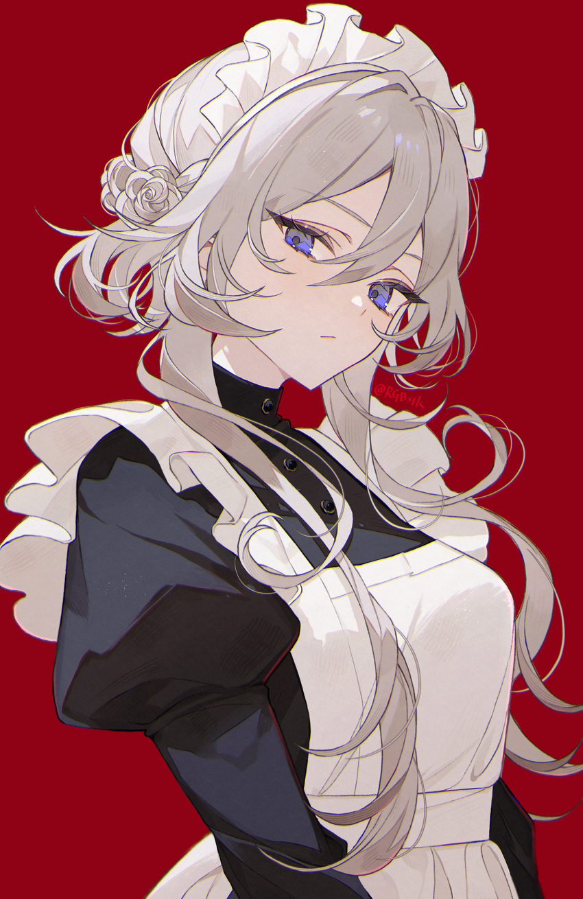 1girl :/ apron artist_name black_dress blue_eyes buttons dress frilled_headwear highres juliet_sleeves long_hair long_sleeves looking_at_viewer maid maid_apron original puffy_sleeves red_background satsuki_(miicat) simple_background solo white_apron white_hair white_headdress