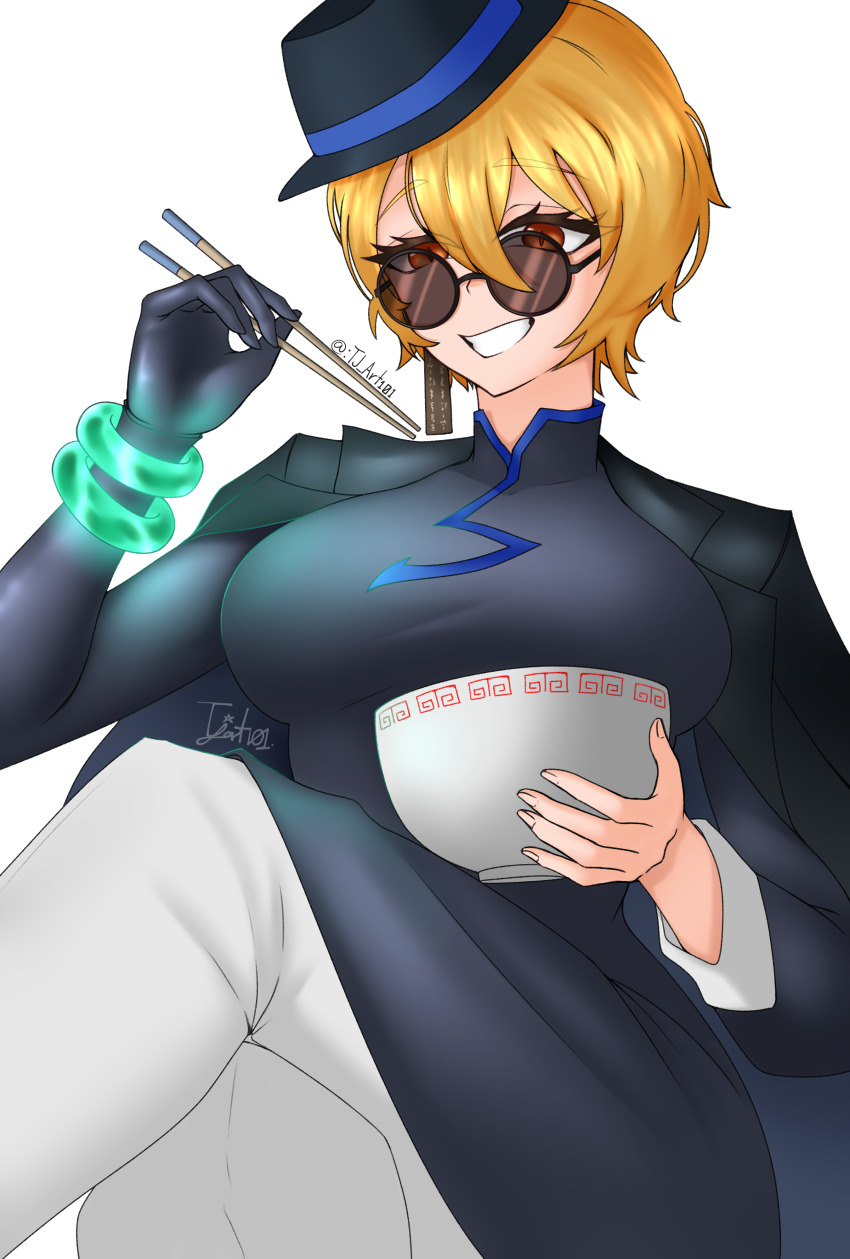 1girl absurdres black_coat black_dress black_gloves black_hat blonde_hair bowl bracelet breasts china_dress chinese_clothes chopsticks coat coat_on_shoulders commentary don_quixote_(project_moon) dress earrings cinq_east_(identity)_(project_moon) english_commentary gloves grin hat highres holding holding_bowl holding_chopsticks jewelry large_breasts limbus_company long_sleeves open_mouth partially_opaque_sunglasses project_moon round_eyewear short_hair simple_background single_earring single_glove slit_pupils smile solo sunglasses teeth tilted_headwear tilted_headwear tj_art white_background yellow_eyes