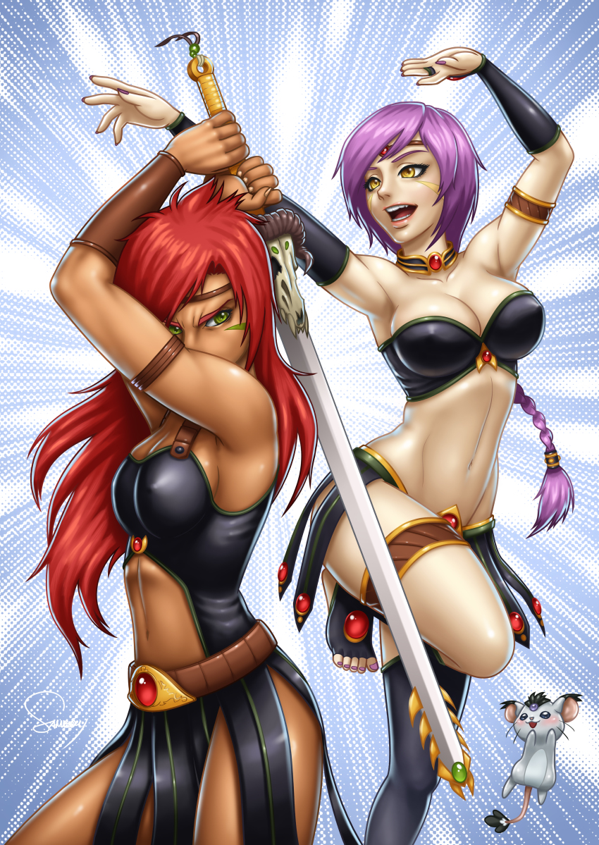 2girls absurdres armlet barefoot black_skirt breasts cleavage dark-skinned_female dark_skin facial_mark green_eyes groin headband highres jewelry large_breasts long_hair midriff mouse_(animal) multiple_girls nail_polish navel neck_ring open_mouth original pink_nails purple_hair red_hair ring sam_delatore serious side_slit signature skirt smile standing standing_on_one_leg strapless sword tan toeless_legwear toenail_polish toenails toes toned tube_top weapon yellow_eyes