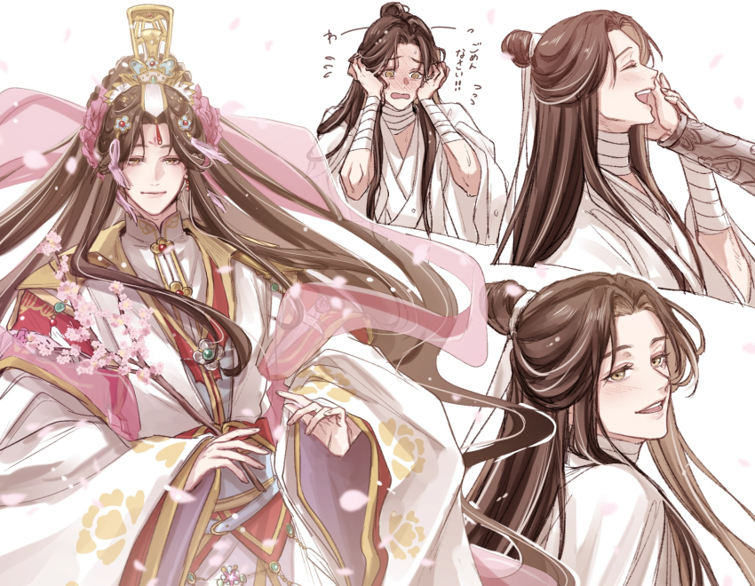 1boy @_@ bandaged_neck bandaged_wrist bandages bishounen blush bracelet branch brown_hair chinese_clothes chinese_peony closed_eyes cropped_torso curtained_hair dot_nose earrings eyelashes facing_viewer falling_petals fingernails floating_hair floral_print floral_print_hanfu flower flustered flying_sweatdrops forehead_jewel full-face_blush furrowed_brow gem gold_trim green_gemstone hair_bun hair_down hair_flower hair_ornament hair_ribbon half-closed_eyes hand_on_another&#039;s_wrist hand_up hands_on_own_cheeks hands_on_own_face hands_up hanfu highres holding holding_branch hua_cheng huadian jade_(gemstone) jewelry laughing light_blush light_particles light_smile long_eyelashes long_hair long_sidelocks looking_afar looking_back looking_down lotus_print male_focus mandarin_collar multiple_views nervous open_mouth out_of_frame parted_bangs parted_lips petals pink_flower pink_petals pink_shawl profile puffy_lips red_gemstone red_hanfu retnallo3 ribbon shawl shy sidelocks silver_bracelet simple_background single_hair_bun straight_hair tassel tassel_hair_ornament thick_eyelashes tianguan_cifu translation_request turning_head two-tone_hanfu upper_body very_long_hair wavy_mouth wet wet_clothes wet_hair white_background white_hanfu white_ribbon wide_sleeves wispy_bangs xiao_guan_(headdress) xie_lian xie_lian_(flower_crowned_martial_god) yellow_eyes