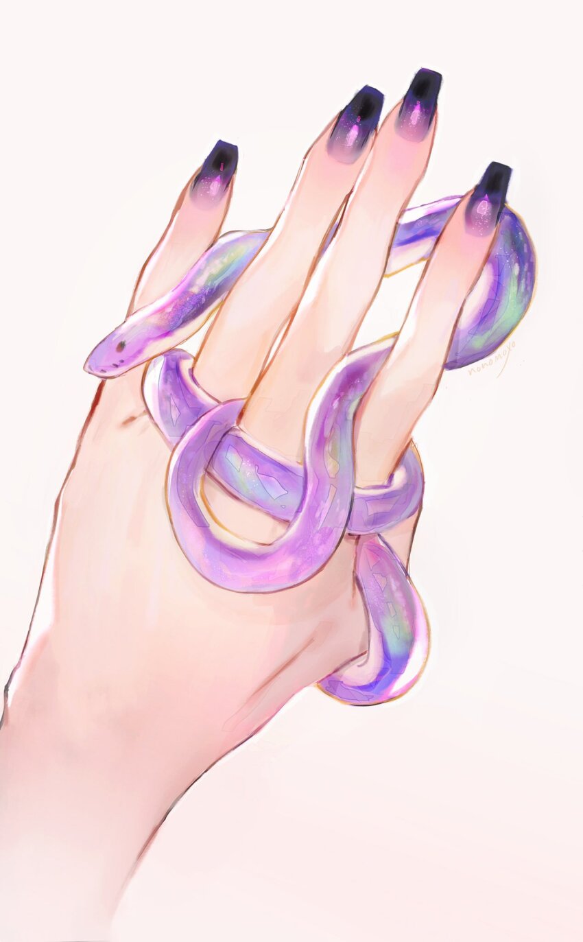 1other animal animal_focus animal_on_hand art_study close-up commentary english_commentary gradient_nails hand_focus highres mochii nail_polish original purple_nails purple_snake simple_background snake solo twitter_username white_background