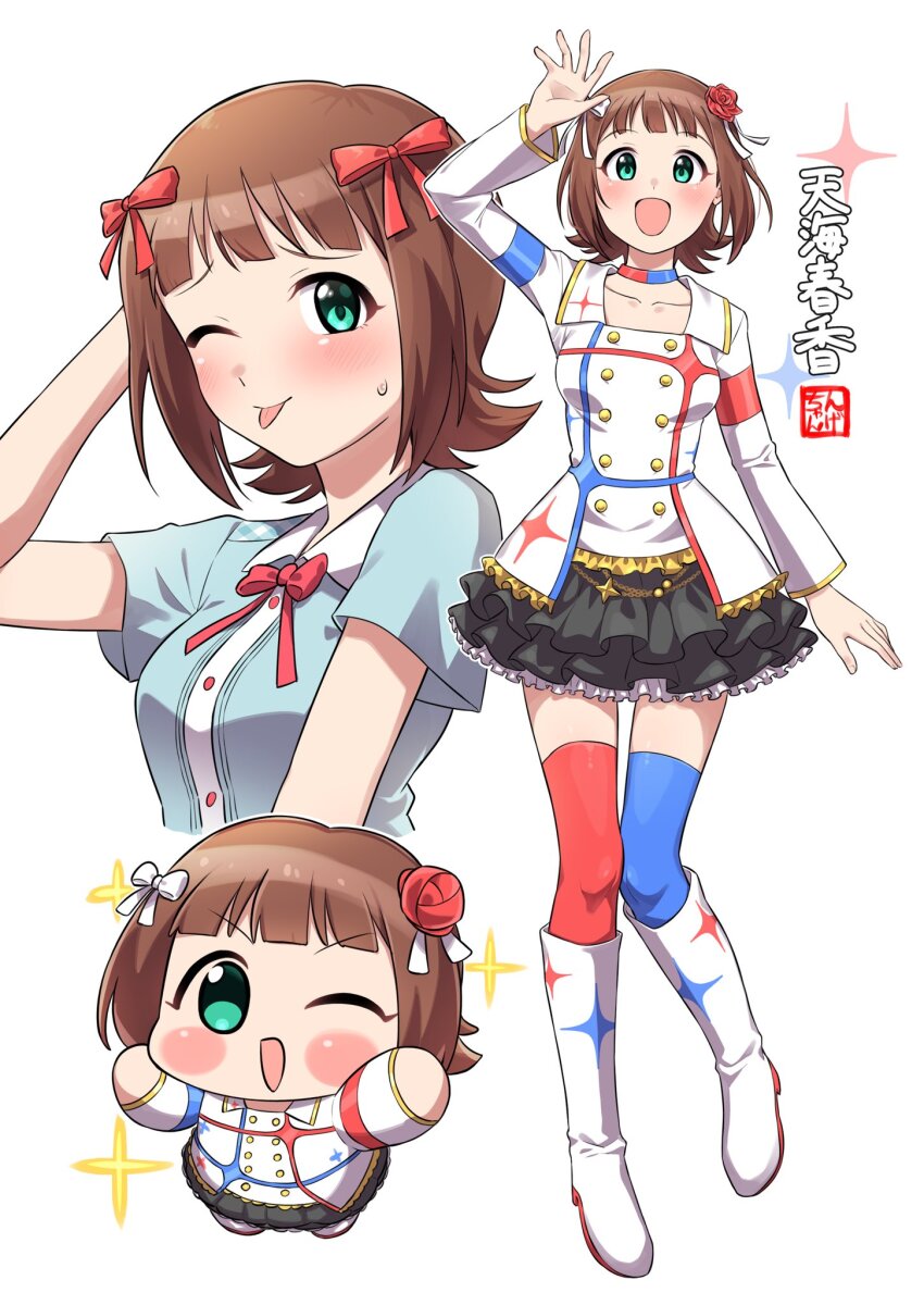 1girl :d :p amami_haruka arm_behind_head arm_up asymmetrical_legwear black_skirt blue_choker blue_thighhighs blush boots bow brown_hair character_name chibi choker collarbone cropped_torso flower frilled_skirt frills full_body green_eyes hair_bow hair_flower hair_ornament highres idolmaster idolmaster_(classic) idolmaster_million_live! idolmaster_million_live!_theater_days idolmaster_movie long_sleeves looking_at_viewer mismatched_legwear mismatched_thighhighs multiple_views ngetyan one_eye_closed open_mouth print_boots print_shirt red_choker red_flower red_rose red_thighhighs rose shirt short_hair simple_background skirt smile sparkle_print starpiece_memories_(idolmaster) sweatdrop thighhighs tongue tongue_out two-tone_choker white_background white_boots white_bow white_shirt