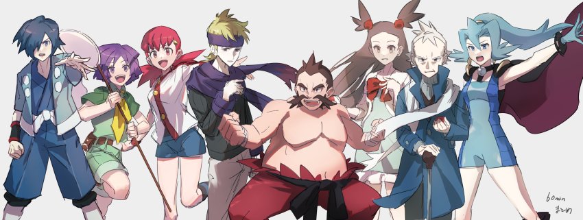 3girls 5boys absurdres belt belt_buckle belt_pouch black_belt black_sweater blonde_hair blue_eyes blue_hair blue_kimono bodysuit brown_belt brown_hair buckle bugsy_(pokemon) butterfly_net buttons cane cape chuck_(pokemon) clair_(pokemon) clenched_hands coat collared_shirt commentary_request dress facial_hair falkner_(pokemon) fighting_stance gloves green_dress green_shirt green_shorts hair_bobbles hair_ornament hair_over_one_eye hairclip hand_net headband highres holding holding_butterfly_net holding_cane holding_poke_ball jacket japanese_clothes jasmine_(pokemon) kimono kneehighs leg_up long_hair long_sleeves looking_at_viewer maumaujanken morty_(pokemon) multiple_boys multiple_girls mustache neckerchief nintendo open_clothes open_jacket outstretched_hand pants pink_hair poke_ball pokemon pokemon_hgss ponytail pouch pryce_(pokemon) purple_eyes purple_hair purple_headband purple_scarf red_pants sash scarf shirt short_hair short_shorts short_sleeves shorts simple_background socks sweater topless_male two_side_up white_background white_jacket white_legwear whitney_(pokemon) wristband yellow_neckerchief