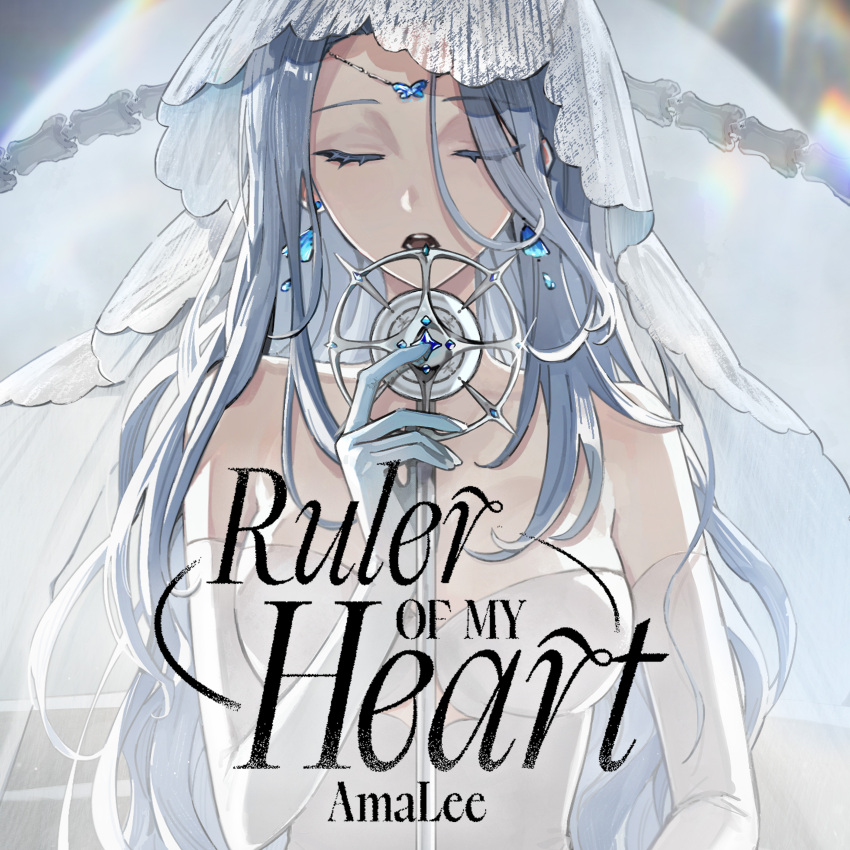 1girl absurdres alien_stage bug butterfly closed_eyes colored_eyelashes commentary dress earrings english_commentary grey_hair highres insect jewelry long_hair monarch_(amalee) moonie open_mouth second-party_source solo song_name spine strapless strapless_dress veil white_dress