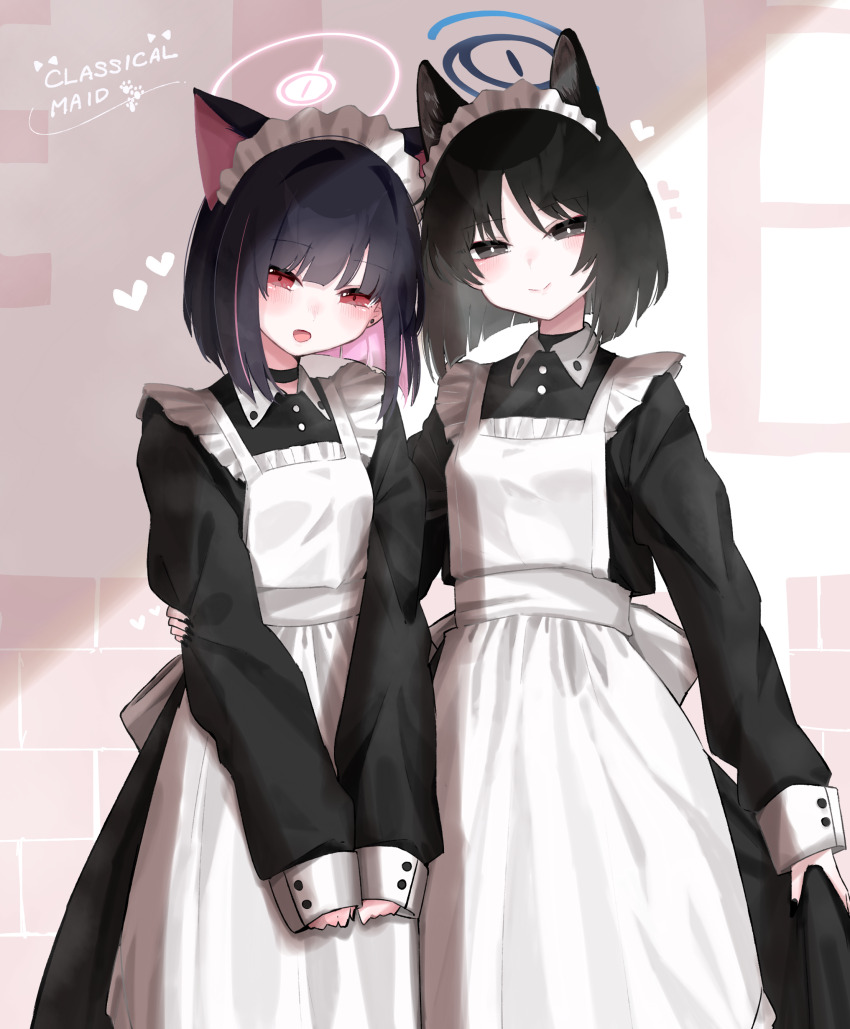 2girls absurdres alternate_costume animal_ear_fluff animal_ears apron black_dress blue_archive blush cat_ears cat_girl colored_inner_animal_ears colored_inner_hair dress grey_eyes hair_between_eyes hairband highres kazusa_(blue_archive) kikyou_(blue_archive) looking_at_viewer maid maid_apron maid_headdress medium_hair multicolored_hair multiple_girls negu_(pixiv_6519140) open_mouth own_hands_together pink_eyes sidelocks skirt_hold smile white_apron white_hairband