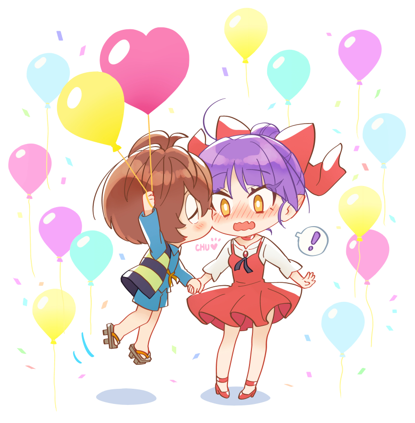 ! 1boy 1girl absurdres balloon blush bow brown_hair closed_eyes commentary_request english_text floating gegege_no_kitarou hair_bow hetero highres holding holding_balloon holding_hands kiss kissing_cheek kitarou nekomusume nekomusume_(gegege_no_kitarou_6) purple_hair red_footwear sandals short_hair silanduqiaocui spoken_exclamation_mark yellow_eyes