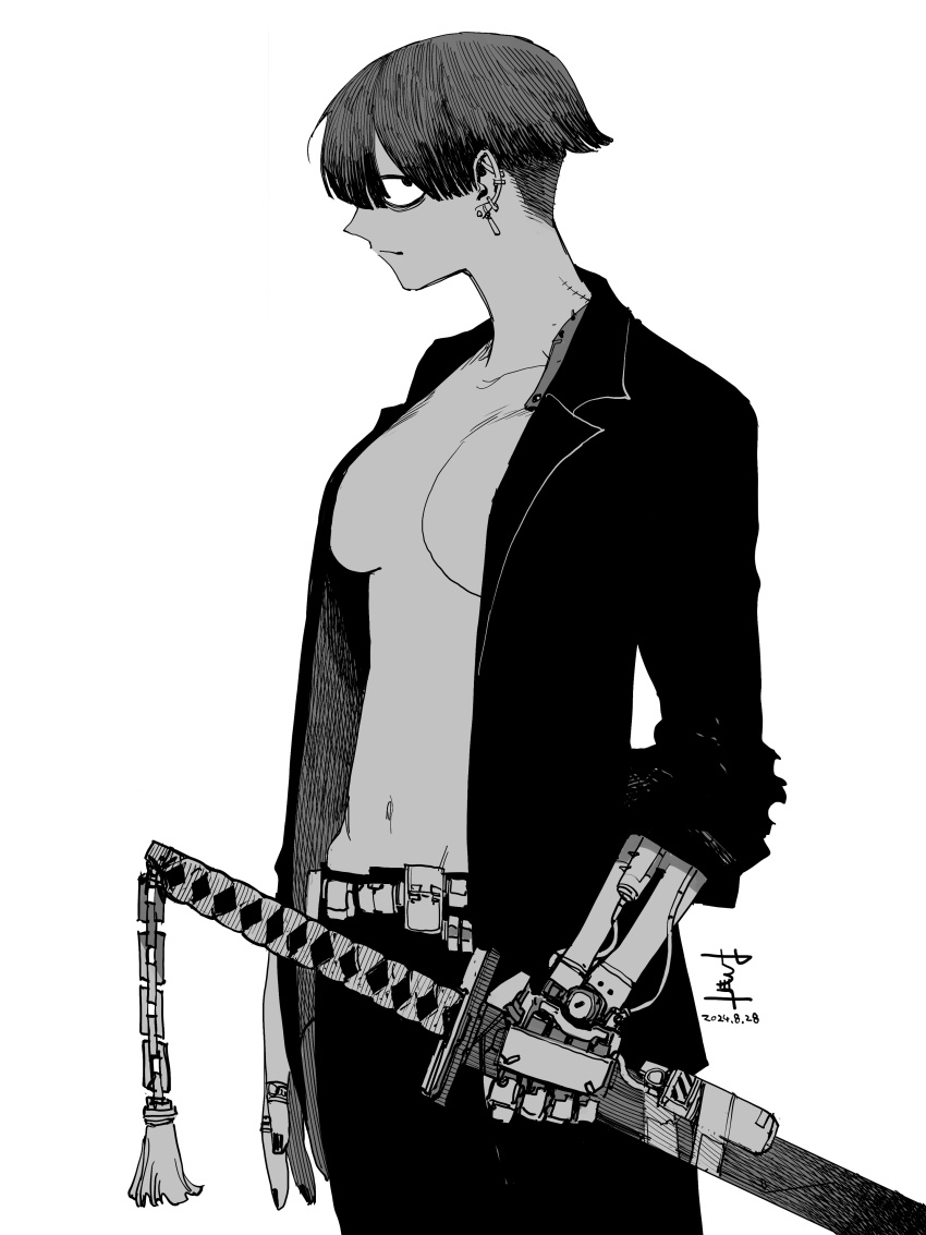 1girl absurdres belt black_hair black_jacket black_pants copyright_request highres holding holding_sword holding_weapon jacket katana manabu_yashiro mechanical_arms monochrome navel no_bra no_shirt open_clothes open_jacket pants scabbard sheath short_hair solo sword weapon