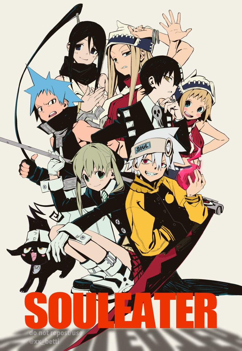 3boys 5girls alternate_form betti_(xx_betti) black_hair black_star blair_(cat)_(soul_eater) blair_(soul_eater) blonde_hair blue_hair blush_stickers bracelet cat copyright_name death_the_kid elizabeth_thompson fingerless_gloves gloves hashtag-only_commentary hat headband high_collar highres hitodama holding holding_scythe holding_weapon jacket jewelry looking_at_viewer maka_albarn multiple_boys multiple_girls nakatsukasa_tsubaki patricia_thompson ponytail scythe siblings sidelocks simple_background sisters skirt soul_eater soul_evans squatting turtleneck twintails twitter_username waving weapon white_background white_gloves white_hair