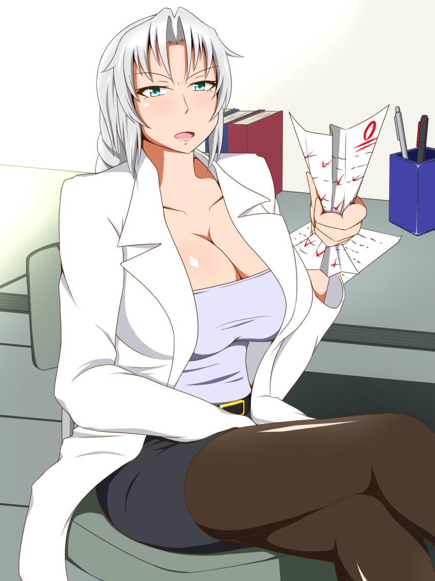 1girl alternate_costume belt book breasts chair cleavage collarbone commentary_request crossed_legs crushing desk failure female_focus green_eyes highres huge_breasts jacket lactone lips long_sleeves no_headwear open_clothes open_jacket pantyhose paper pen pen_holder silver_hair sitting skirt solo teacher test_paper test_score touhou yagokoro_eirin