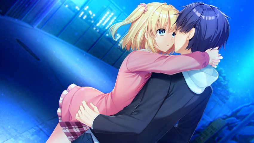 1boy 1girl alpha_(yukai_na_nakamatachi) arms_around_neck black_jacket blonde_hair blue_eyes blue_hair couple dutch_angle game_cg hair_between_eyes hetero imminent_kiss jacket kagami_toshiki long_sleeves looking_at_another medium_hair miniskirt nagima_yumemi neck_ribbon night open_clothes open_jacket pink_jacket plaid_clothes plaid_skirt pleated_skirt red_ribbon ribbon skirt sousaku_kanojo_no_renai_koushiki standing
