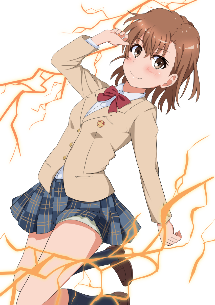 1girl black_socks blazer bow bowtie brown_eyes brown_hair brown_jacket brown_shoes closed_mouth collared_shirt electricity electrokinesis highres jacket kneehighs loafers long_sleeves miniskirt misaka_mikoto plaid_clothes plaid_skirt red_bow red_bowtie school_emblem school_uniform shirt shoes short_hair shorts shorts_under_skirt skirt smile socks solo tabu_(tabu_01) toaru_kagaku_no_railgun toaru_majutsu_no_index tokiwadai_school_uniform white_background white_shirt winter_uniform