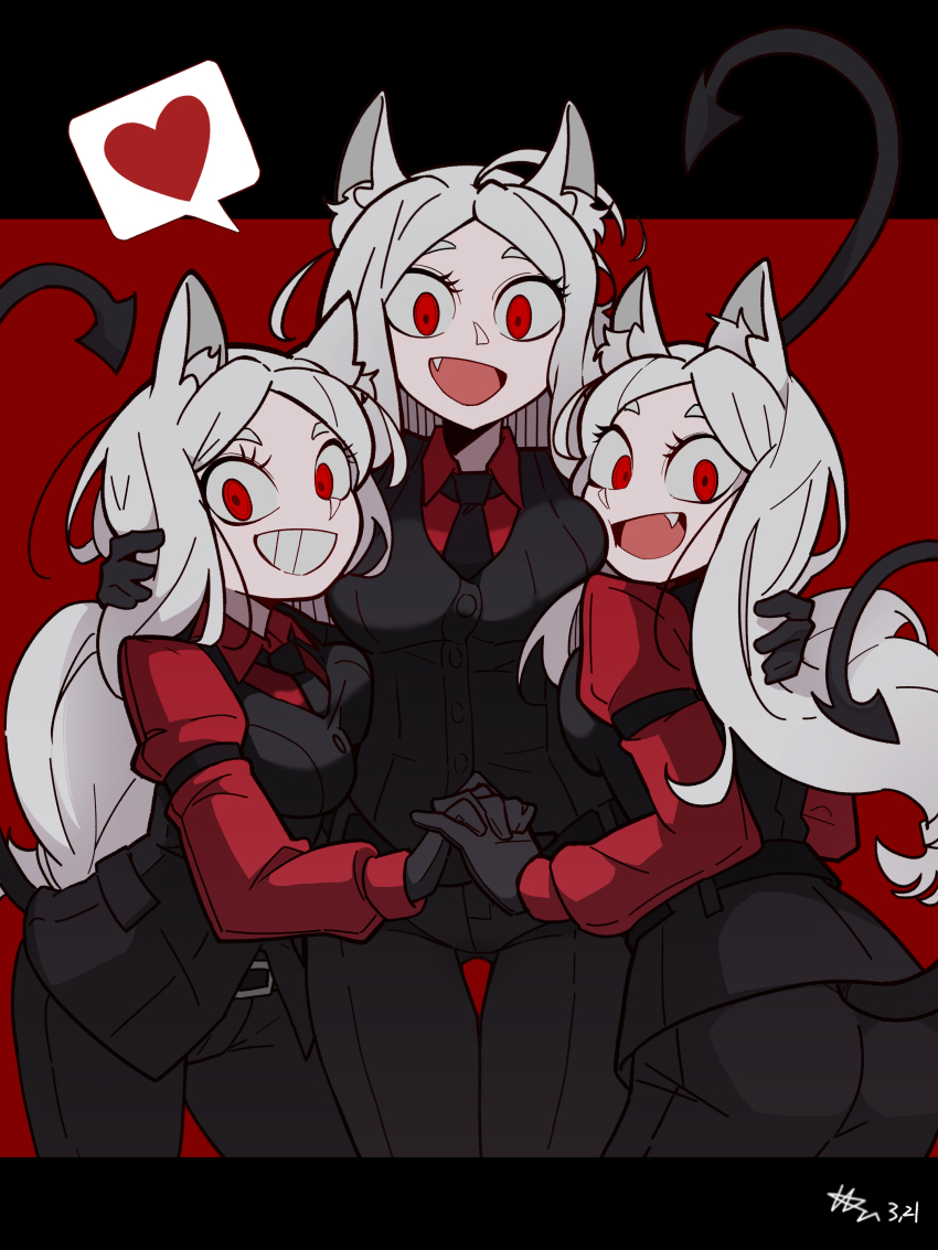3girls absurdres animal_ears arm_garter black_gloves black_necktie black_tail black_vest breasts cerberus_(helltaker) demon_girl demon_tail dog_ears dog_girl fang gloves helltaker highres long_hair looking_at_viewer matching_outfits multiple_girls necktie open_mouth red_eyes red_shirt sadstar115 shirt smile tail triplets vest waistcoat white_hair