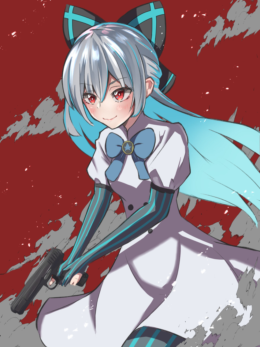 1girl absurdres blue_bow blue_bowtie blush bow bowtie closed_mouth dress elbow_gloves fingerless_gloves girls&#039;_frontline gloves gun hair_bow handgun highres holding holding_gun holding_weapon lips long_hair looking_away pantyhose r9k1 red_eyes silver_hair simple_background smile solo standing striped_clothes striped_gloves striped_pantyhose tokarev_(girls&#039;_frontline) tokarev_tt-33 torn_clothes torn_dress weapon white_dress