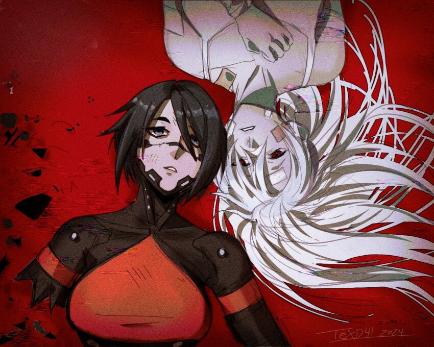 2girls amputee android ariane_yeong black_hair blue_eyes camisole cyberpunk elster_(signalis) joints long_hair mechabare metal_skin multiple_girls red_eyes robot_girl robot_joints science_fiction signalis texd41 too_many_bandaids