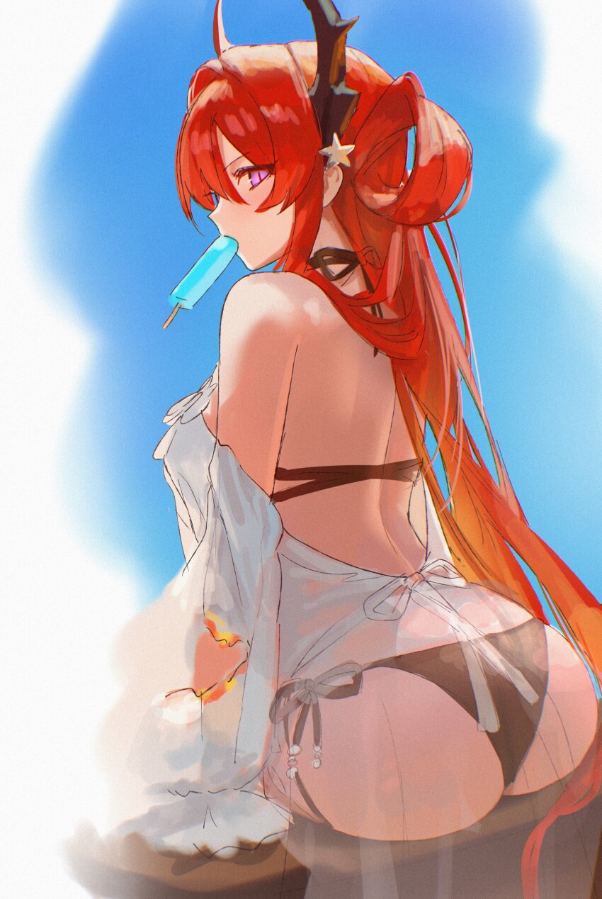 1girl absurdres arknights ass bikini black_bikini food highres horns long_hair looking_at_viewer official_alternate_costume popsicle purple_eyes red_hair solo surtr_(arknights) swimsuit uof