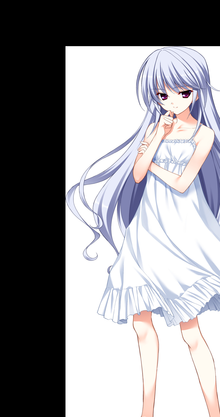 1girl absurdres bare_shoulders barefoot closed_mouth collarbone dress flat_chest full_body fumio_(ura_fmo) game_cg grey_hair grisaia_(series) grisaia_no_rakuen hand_on_own_chin highres kazami_kazuki long_hair looking_at_viewer non-web_source official_art red_eyes sleeveless sleeveless_dress smile solo sprite_art standing stroking_own_chin sundress swept_bangs tachi-e transparent_background variant_set very_long_hair white_dress