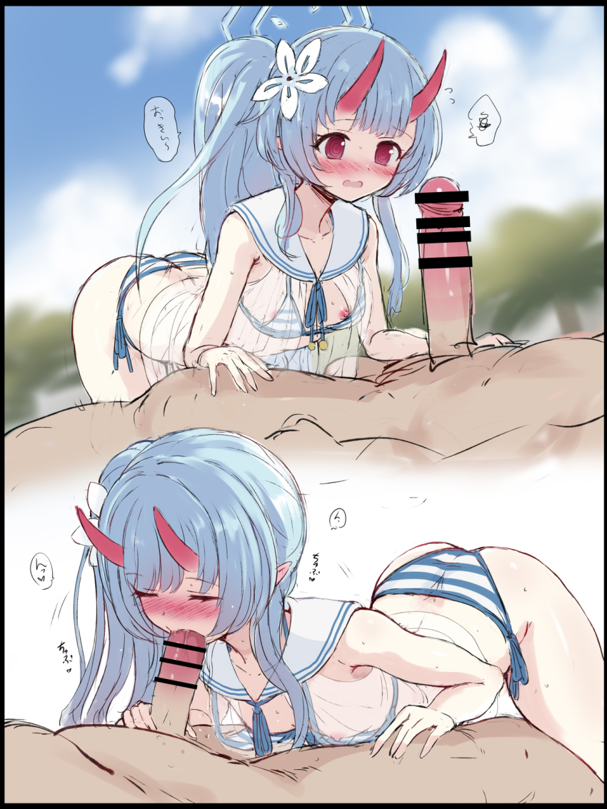 1boy 1girl bad_id bad_twitter_id bar_censor bikini blue_archive blue_hair blush breasts censored chise_(blue_archive) chise_(swimsuit)_(blue_archive) closed_eyes erection fellatio flower gulp5959 hair_flower hair_ornament halo hetero highres horns long_hair nipples nose_blush oni_horns open_mouth oral penis penis_awe ponytail red_eyes see-through_clothes side-tie_bikini_bottom small_breasts speech_bubble spoken_squiggle squiggle striped_bikini striped_clothes swimsuit