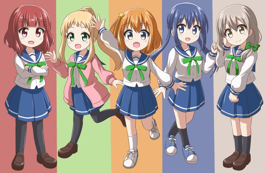 5girls arm_up black_pantyhose black_socks blonde_hair blue_eyes blue_hair blue_sneakers blush bow chibi closed_mouth crossed_arms female_focus full_body green_eyes grey_hair hair_between_eyes hair_bow hair_ornament happy highres inose_mai koisuru_asteroid konohata_mira legs long_hair long_sleeves looking_at_viewer manaka_ao mole mole_under_eye morino_mari multicolored_eyes multiple_girls nanog_eb1994 no_nose open_clothes open_mouth open_sweater orange_hair pantyhose pink_sweater ponytail red_eyes red_hair sailor_collar sakurai_mikage school_uniform serafuku shirt shoes short_hair skirt smile sneakers socks standing standing_on_one_leg star_(symbol) star_hair_ornament sweater twintails waving white_shirt white_shoes white_socks