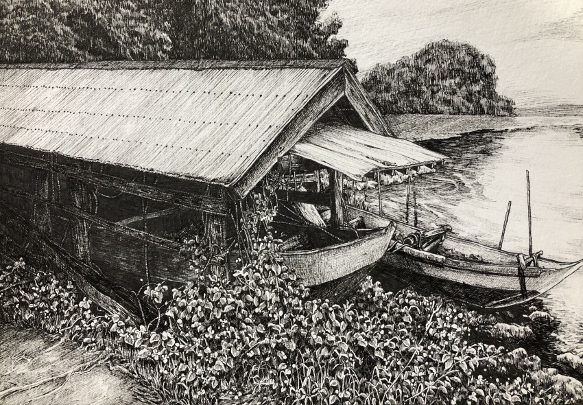 boat canoe forest hanging_plant highres ibsukionsen nature no_humans original painting_(medium) plant scenery shore thatched_roof traditional_media tree vines water watercraft