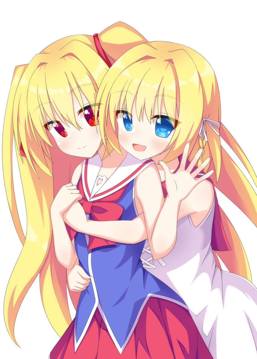 2girls :d bare_arms blonde_hair blue_eyes blue_shirt blush bow bowtie braid closed_mouth commentary_request cowboy_shot dress eyes_visible_through_hair hair_between_eyes hair_intakes hair_ribbon hand_up happy highres hug hug_from_behind irotoridori_no_sekai long_hair medium_hair multiple_girls nikaidou_ai nikaidou_shinku open_mouth red_bow red_bowtie red_eyes red_ribbon red_sailor_collar red_skirt ribbon sailor_collar sailor_dress school_uniform serafuku shirt siblings simple_background single_braid sisters skirt sleeveless sleeveless_dress smile split_mouth two_side_up very_long_hair waving white_background white_dress white_ribbon white_sailor_collar wistar1as