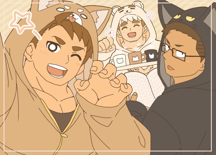 3boys :d ^_^ aopanda bara book brown_hair closed_eyes cosplay cup dark-skinned_male dark_skin flower_symbol glasses kigurumi light_blush male_focus mug multiple_boys one_eye_closed open_mouth original pectoral_cleavage pectorals smile star_(symbol) thick_eyebrows tongue tongue_out wink_star zipper