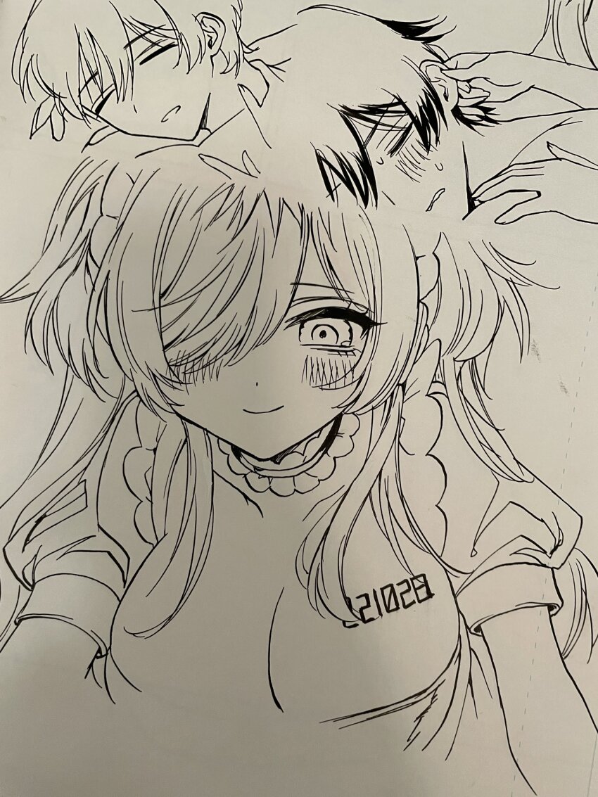 1boy 1girl akiyama_enma blush body_writing breasts cleavage closed_mouth greyscale hair_over_one_eye highres large_breasts looking_at_viewer maid manuscript_paper massage master_and_servant meruru_(ningen_maid_robot_meruru) monochrome ningen_maid_robot_meruru one_eye_closed photo_(medium) puffy_short_sleeves puffy_sleeves short_sleeves smile traditional_media two_side_up unfinished yashiro_(ningen_maid_robot_meruru)