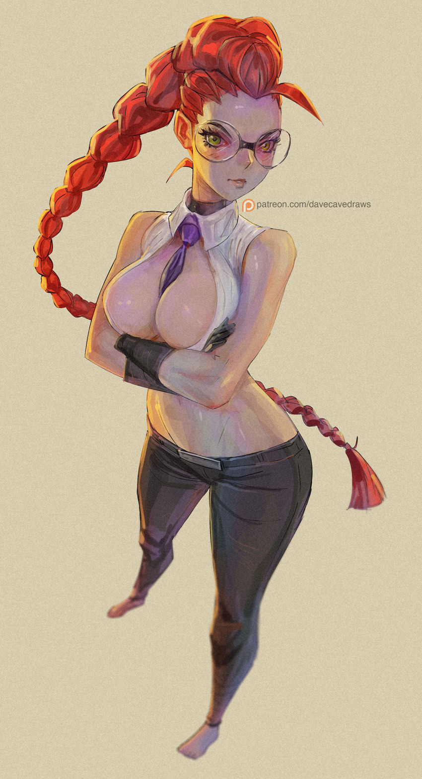 1girl 2021 absurdres barefoot belt between_breasts black_gloves blush braid braided_ponytail breasts capcom choker cleavage collared_shirt crimson_viper crop_top crossed_arms curvy davecavedraws glasses gloves green_eyes highres large_breasts lips long_braid long_hair looking_at_viewer lowleg lowleg_pants midriff navel necktie necktie_between_breasts pants patreon_logo patreon_username pompadour red_hair shiny_skin shirt sleeveless sleeveless_shirt street_fighter street_fighter_iv_(series) tight_clothes tight_pants very_long_hair yellow_background