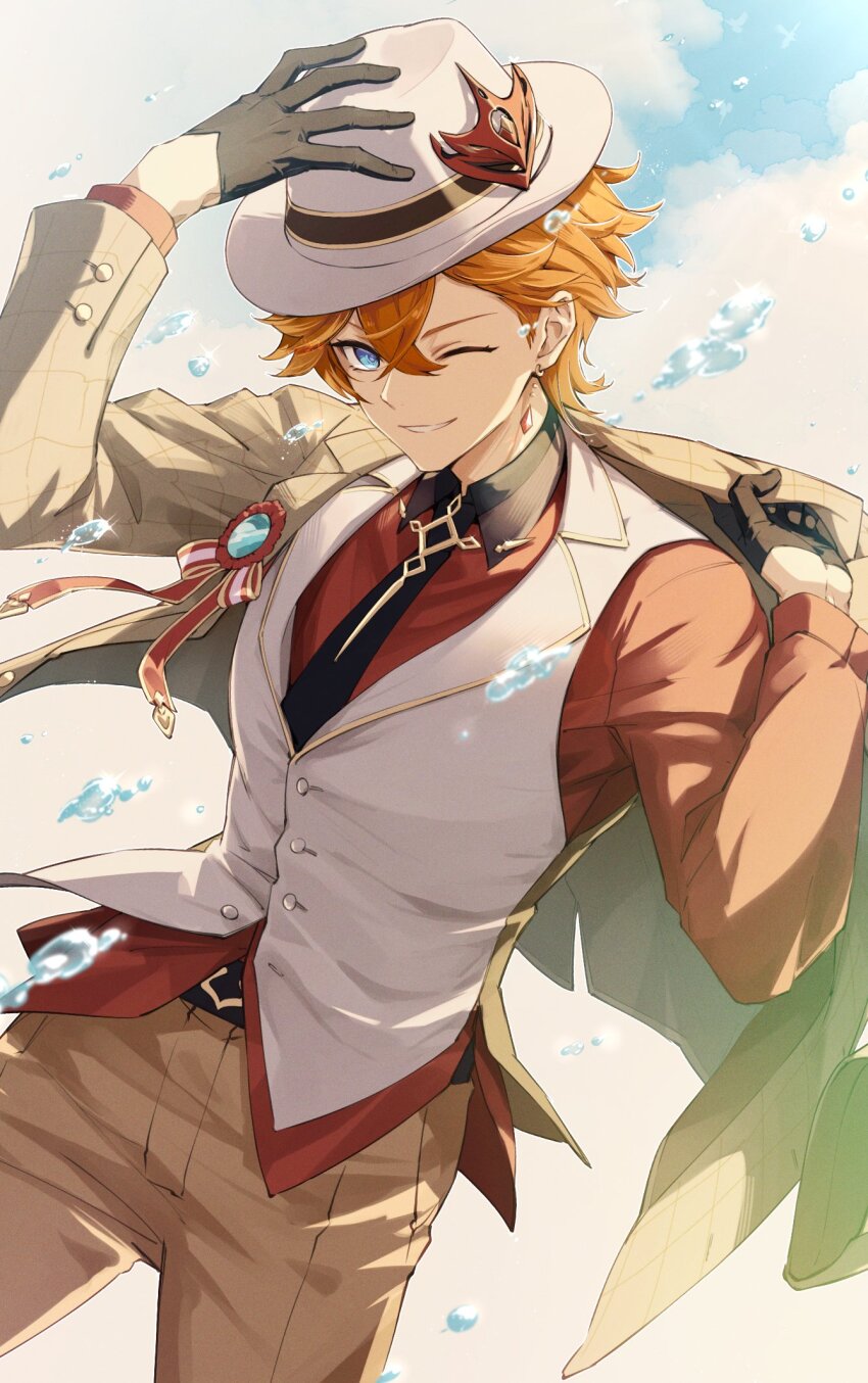 1boy alternate_costume black_gloves black_necktie blue_eyes brown_jacket brown_pants earrings genshin_impact gloves hair_between_eyes hat highres itsumono_katze jacket jewelry long_sleeves male_focus necktie one_eye_closed orange_hair pants red_mask red_shirt shirt short_hair single_earring smile tartaglia_(genshin_impact) teeth vest white_hat white_vest