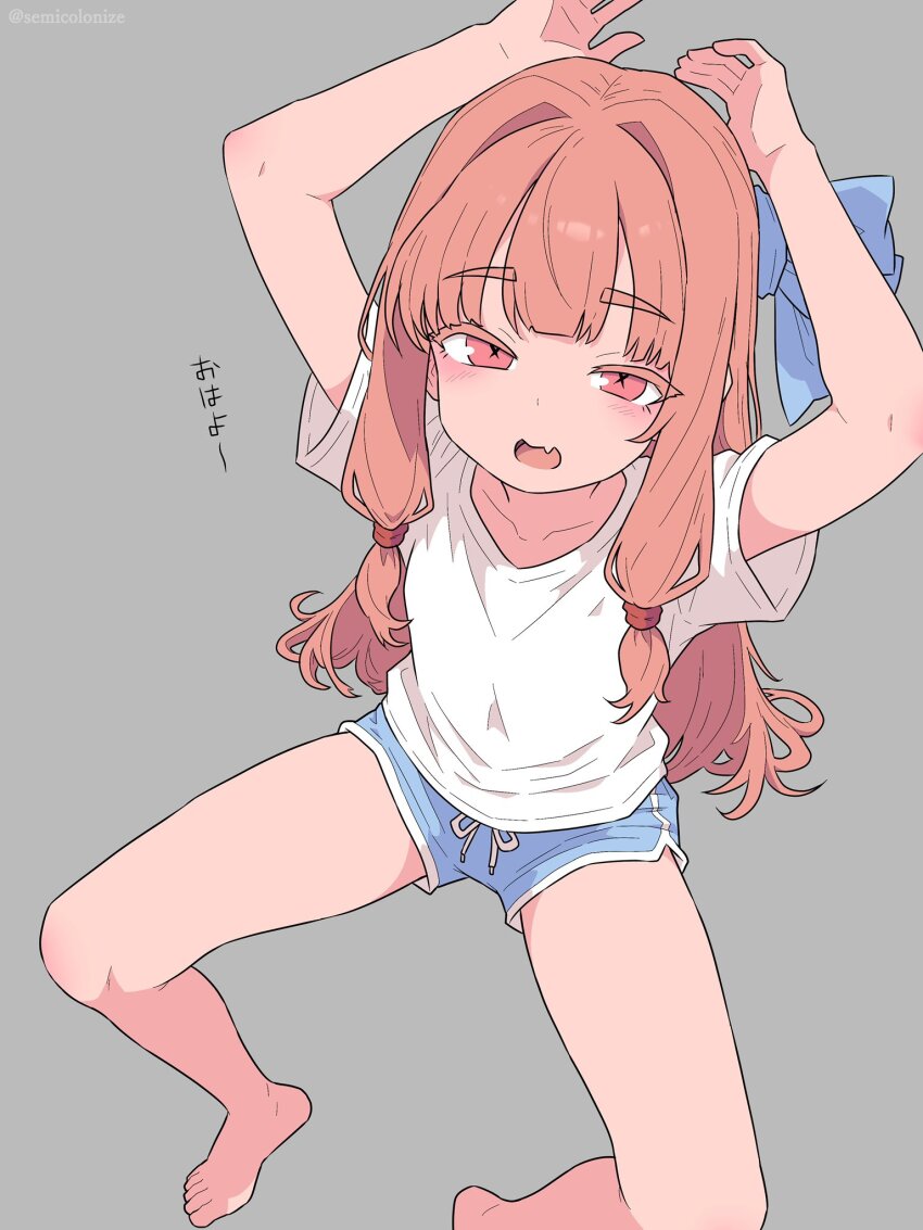 1girl barefoot blue_shorts dolphin_shorts feet highres kotonoha_akane loli pink_eyes pink_hair semicolonize shirt shorts solo talking thighs toes voiceroid white_shirt