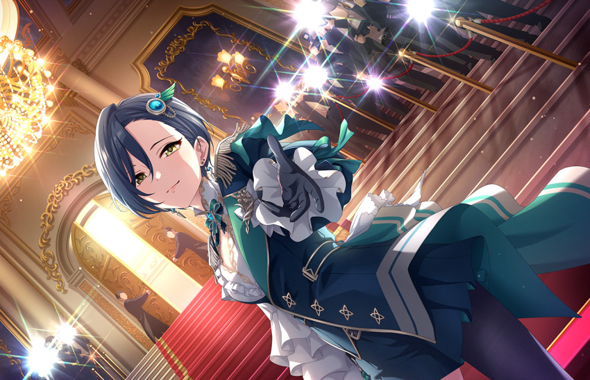 belt blue_hair breasts camera_flash ceiling chandelier cleavage door earrings epaulettes faceless game_cg gloves hair_ornament hair_over_one_eye hayami_kanade idolmaster idolmaster_cinderella_girls idolmaster_cinderella_girls_starlight_stage jewelry neck_ribbon official_alternate_hairstyle official_art pants pantyhose reaching reaching_towards_viewer red_carpet ribbon stairs yellow_eyes