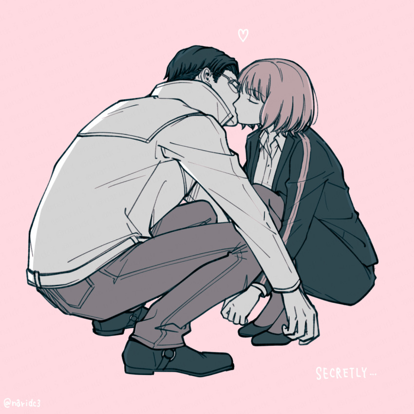 1boy 1girl closed_eyes collared_shirt couple dress_shirt english_text face-to-face fujimaru_nono full_body glasses heart hetero high_collar highres kiss long_sleeves monochrome naridc3 o-ring own_hands_together pants pantyhose pencil_skirt popped_collar shirt shoes short_hair simple_background skirt squatting striped_background world_trigger yuba_takuma
