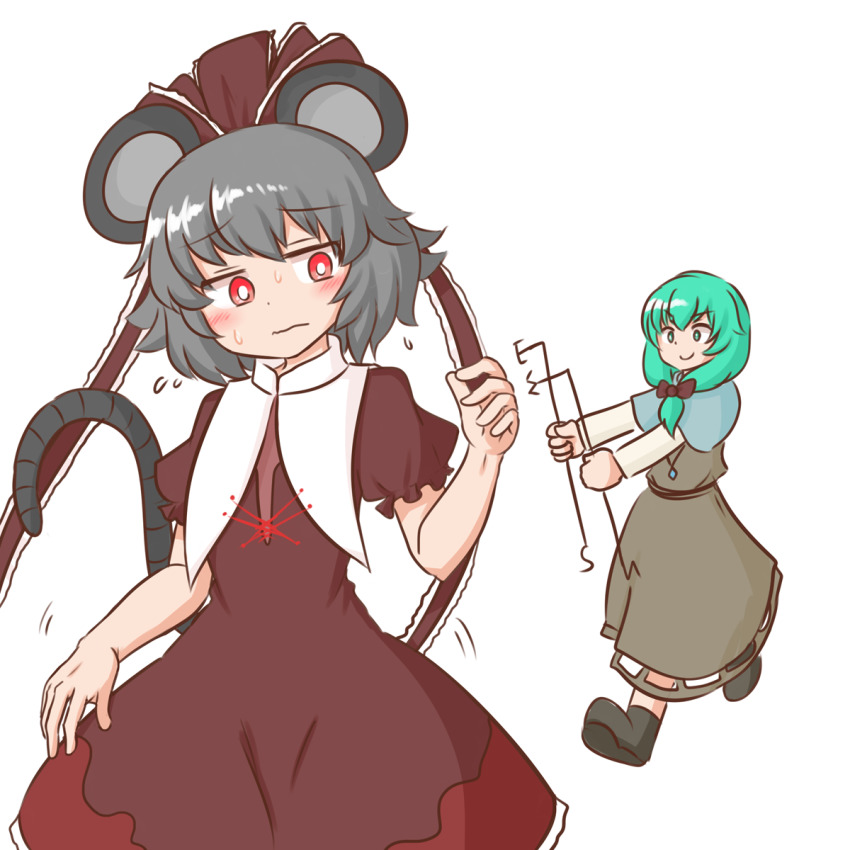 2girls animal_ears black_footwear blue_capelet blush bow bright_pupils brown_bow brown_dress brown_ribbon capelet closed_mouth cosplay costume_switch dowsing_rod dress frilled_ribbon frills front_ponytail green_eyes green_hair grey_dress grey_hair hair_bow hair_ribbon highres holding holding_unworn_clothes holding_unworn_dress jewelry kagiyama_hina kagiyama_hina_(cosplay) long_hair long_sleeves mizusoba mouse_ears multiple_girls nazrin nazrin_(cosplay) pendant red_eyes ribbon short_hair short_sleeves simple_background skirt_hold smile standing sweat touhou white_background white_pupils