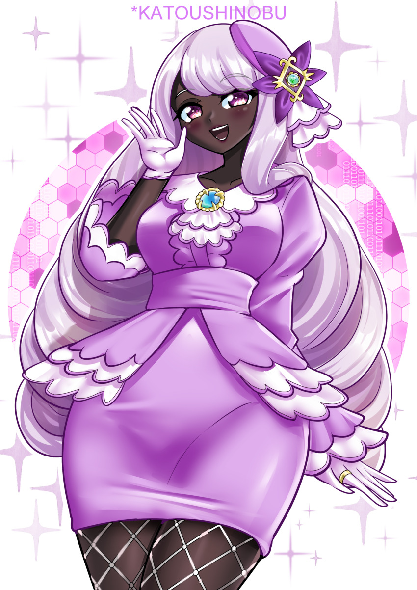 1girl :d absurdres artist_name blush breasts brooch center_frills commentary covered_groin cowboy_shot curvy dark-skinned_female dark_skin dress english_commentary fascinator fishnet_pantyhose fishnets fluffy_hair frills gloves gold_ring hand_up hat highres honeycomb_(pattern) honeycomb_background jacinthe_(pokemon) jewelry juliet_sleeves katou_shinobu large_breasts long_hair long_sleeves looking_at_viewer mini_hat nintendo open_mouth pantyhose pear-shaped_figure pencil_dress pokemon pokemon_legends:_z-a puffy_sleeves purple_background purple_dress purple_eyes purple_hat purple_theme salute smile solo sparkle_background standing swept_bangs thick_thighs thighs very_dark_skin very_long_hair white_background white_gloves white_hair wide_hips