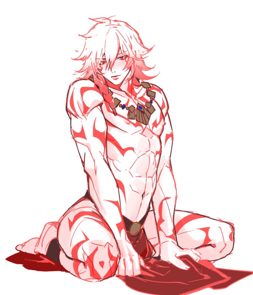 1boy abs arm_tattoo blush chest_tattoo closed_mouth commentary english_commentary facial_tattoo full_body highres honkai:_star_rail honkai_(series) leg_tattoo loincloth looking_at_viewer male_focus multiple_tattoos mydei_(honkai:_star_rail) navel neck_tattoo nipples partially_colored pectorals pocaari red_hair red_tattoo revealing_clothes simple_background sitting solo tattoo thighs toned toned_male wariza white_background