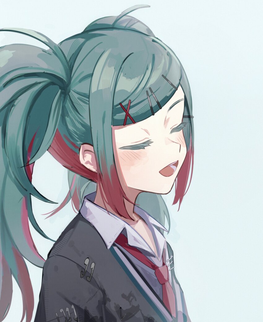 1girl absurdres ahoge blue_background blush closed_eyes clothes_pin collared_shirt colored_eyelashes colored_inner_hair facing_to_the_side green_hair grey_sweater hair_ornament hairpin hatsune_miku highres leo/need_miku long_hair mishio_(misio_40) multicolored_hair multiple_hairpins necktie open_mouth project_sekai red_hair red_necktie shirt sidelocks simple_background smile solo streaked_hair striped_clothes striped_sweater sweater twintails vertical-striped_sweater very_long_hair vocaloid white_shirt
