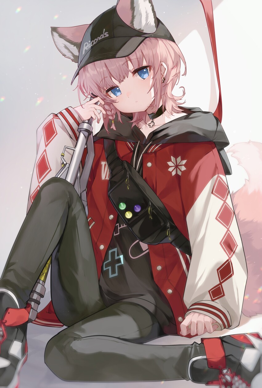 1girl absurdres animal_ears arknights black_choker black_pants blue_eyes braid choker commentary cross earrings ears_through_headwear emoji greek_cross highres hood hood_down hooded_jacket jacket jewelry knee_up lens_flare long_sleeves looking_at_viewer official_alternate_costume pants parted_lips pink_hair red_jacket risumi_(taka-fallcherryblossom) short_hair side_braid single_braid sitting solo sussurro_(arknights) sussurro_(travel_freely)_(arknights) white_sleeves