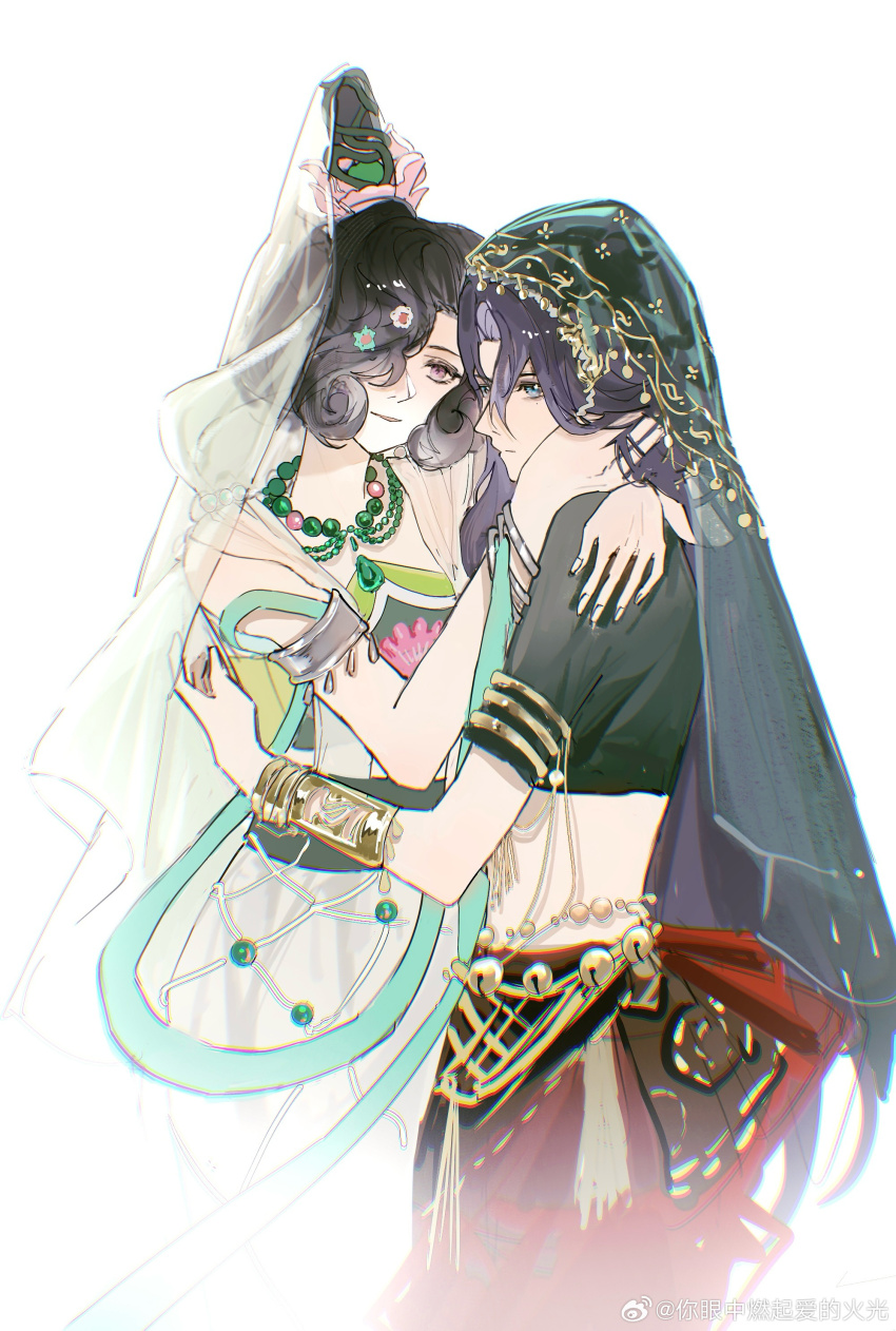 2girls absurdres armlet bead_necklace beads black_hair black_shirt blue_eyes bracelet dress flower green_shawl green_veil hagoromo hair_bun hair_flower hair_ornament hair_over_one_eye hand_on_another&#039;s_head hand_on_another&#039;s_shoulder highres jewelry looking_at_another lotus_hair_ornament midriff multiple_girls necklace ni_yan_zhong_ran_qi_ai_de_huoguang official_alternate_costume one_eye_covered parted_lips profile purple_eyes red_skirt reverse:1999 shawl shirt short_hair short_sleeves skirt sleeveless sleeveless_dress smile snake_hair_ornament tuesday_(reverse:1999) veil watermark weibo_watermark white_background white_dress white_veil willow_(reverse:1999) yuri