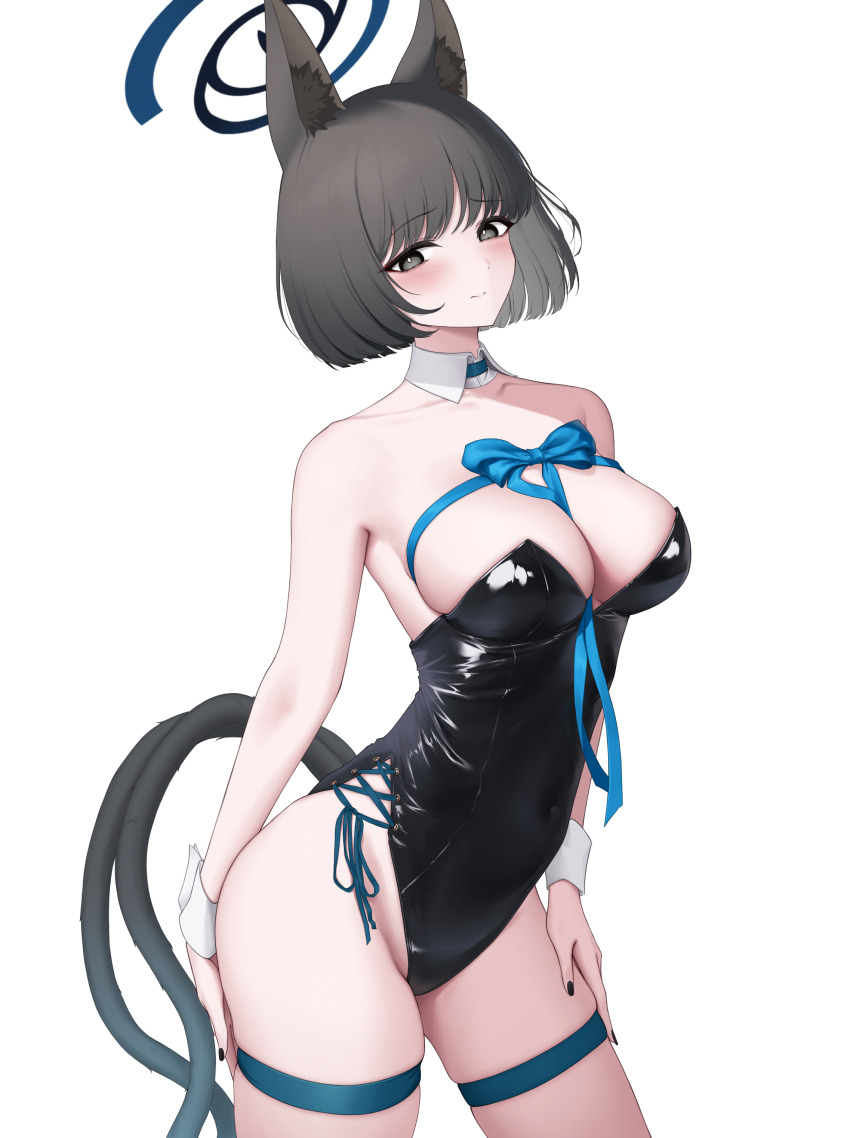 1girl absurdres alternate_costume animal_ear_fluff animal_ears bare_arms bare_shoulders black_eyes black_hair black_leotard black_nails blue_archive blue_halo blush bound bound_torso breasts cat_ears cat_girl cat_tail cleavage closed_mouth detached_collar halo highres jdnyang kikyou_(blue_archive) large_breasts leotard looking_at_viewer multiple_tails short_hair smile solo strapless strapless_leotard tail thigh_strap two_tails wrist_cuffs