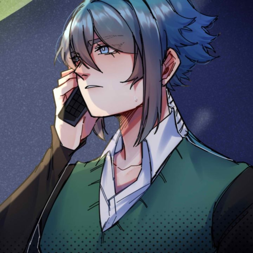 1boy aqua_hair black_long_sleeve_shirt black_slacks blue_eyes gloves green_sweater-vest hyugo_sugimoto_(the_kid_at_the_back) long_rat_tail looking_at_viewer male_focus middle_strand optional_gloves oval_face shaggy_hair short_hair side_bangs smile solo the_kid_at_the_back thin_lips university_uniform white_button_up yandere_visual_novel