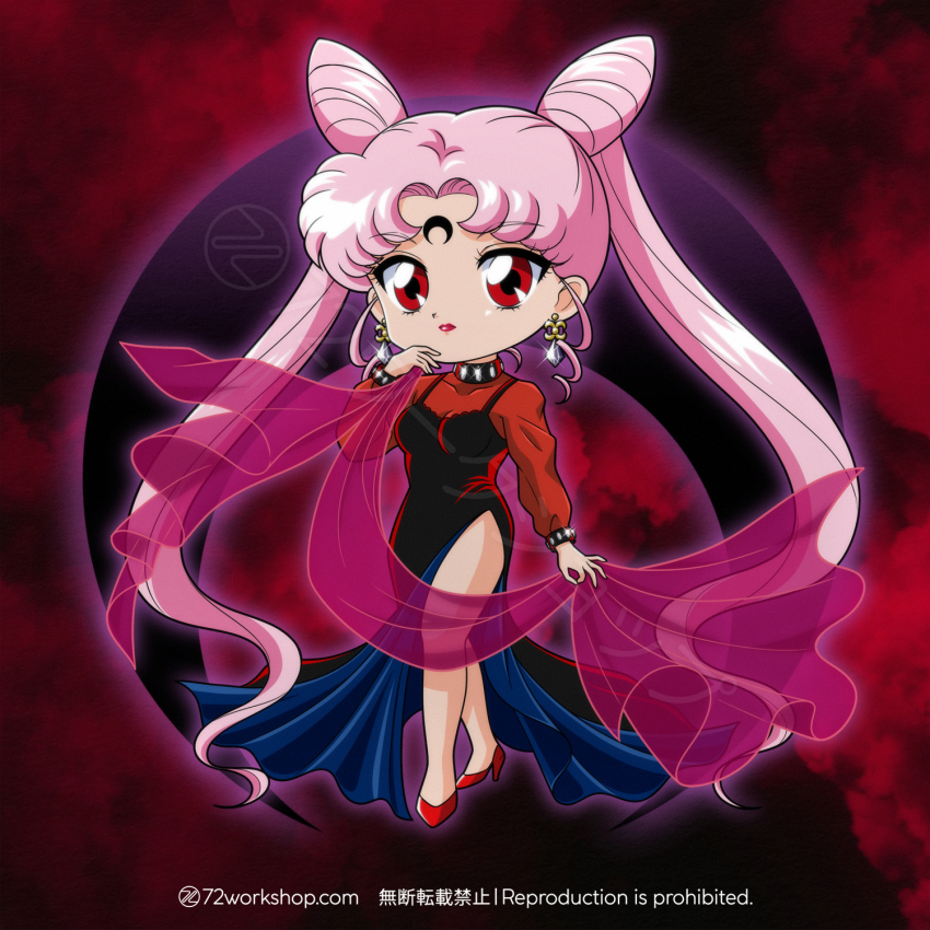 1girl 72workshop aged_up bishoujo_senshi_sailor_moon black_dress black_lady_(sailor_moon) breasts chibi chibi_usa cleavage cone_hair_bun corruption crescent crescent_facial_mark crystal_earrings dark_persona double_bun dress earrings facial_mark forehead_mark hair_bun highres jewelry long_hair looking_at_viewer makeup multiple_girls pink_hair red_eyes red_lips see-through_clothes solo twintails very_long_hair