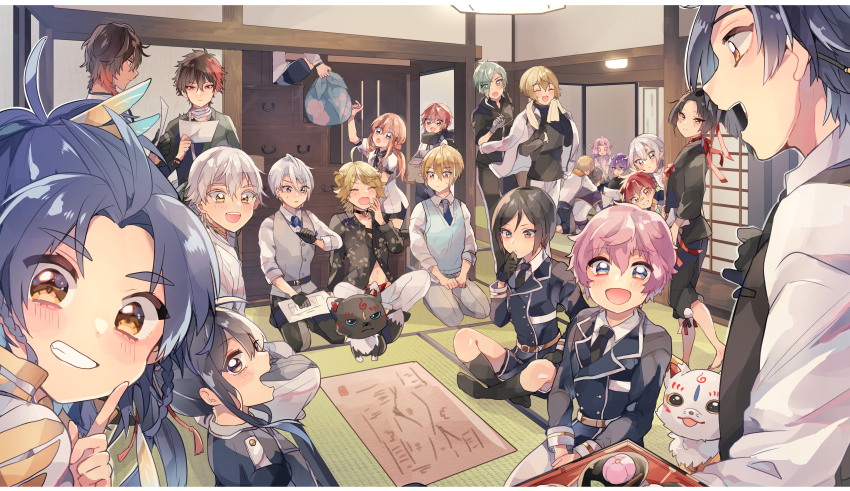 6+boys :d ^_^ absurdres aizen_kunitoshi akita_toushirou aqua_eyes architecture black_gloves black_hair black_socks blonde_hair blue_eyes blue_hair brown_hair chatan_nakiri choker closed_eyes collared_shirt drawer east_asian_architecture eyes_visible_through_hair food fox gloves green_eyes green_hair grin hakata_toushirou heshikiri_hasebe higekiri_(touken_ranbu) highres hizamaru_(touken_ranbu) hizen_tadahiro hotarumaru huge_filesize indian_style jacket jacket_on_shoulders kneehighs kogarasumaru_(touken_ranbu) konnosuke kuronosuke male_focus map midare_toushirou military military_uniform minamoto_kiyomaro multicolored_hair multiple_boys namazuo_toushirou nansen_ichimonji necktie ookurikara open_mouth pants paper pink_hair ponytail purple_eyes purple_hair red_hair seiza shinano_toushirou shirano_akihiro shirt shokudaikiri_mitsutada shorts sitting sliding_doors smile socks sweater_vest taikogane_sadamune tearing_up touken_ranbu track_jacket tray tsurumaru_kuninaga two-tone_hair wagashi white_hair yagen_toushirou yamanbagiri_chougi yamanbagiri_kunihiro yawning yellow_eyes